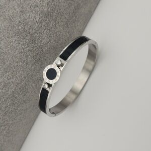 Silver Tone Roman Numeral Black  Enamel Accent Bangle Bracelet, Zircon Details